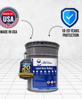 Straight Up Heavy Duty Liquid Butyl Rubber Roof Coating Featuring Zero Hassle Waterproof Sealing One Coat Application Bonding Like Crazy To Nearly Every Surface In A Top Tier Five Gallon White Bucket, made in USA.