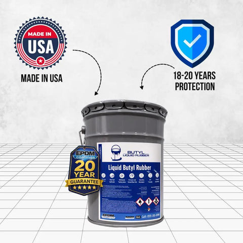 Straight Up Heavy Duty Liquid Butyl Rubber Roof Coating Featuring Zero Hassle Waterproof Sealing One Coat Application Bonding Like Crazy To Nearly Every Surface In A Top Tier Five Gallon White Bucket, made in USA.