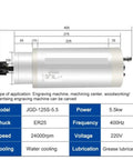 High Performance Cnc Milling Motor 5 5Kw Water Cooled Spindle 24000Rpm Er25 Chuck 220V 380V Router Engraver showing dimensions and specifications.