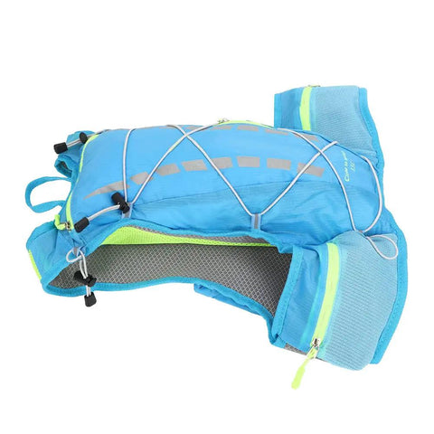Hydration Pack for Cyclists and Runners, blue lightweight 600D polyester rucksack with visible mesh back, side view.