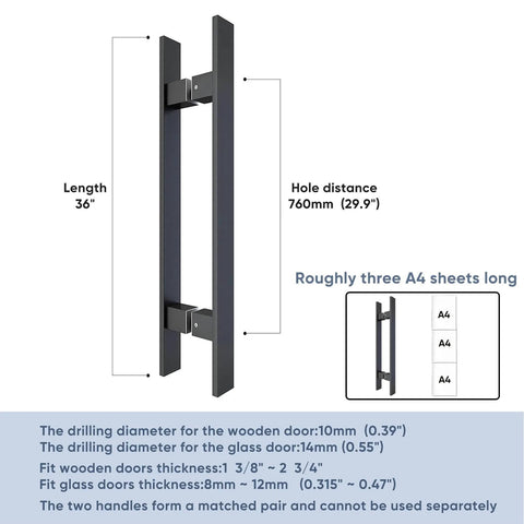 Heavy Duty 36 Inch Barn Door Push Pull Handle Made From Grade 304 Stainless Steel With Matte Black Finish Square Commercial Door Pull For Wood Or Glass Panels Tough As Nails For Entryways Front Offices And Home Use Anti Rust Durable with size and installation details