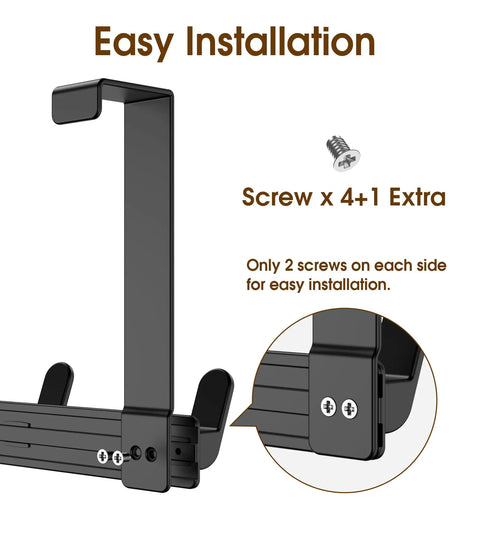 Over The Door Coat Rack And Hooks Heavy Duty Organizer For Winter Gear Fits Doors Up To One And Three Quarter Inches No Drill Easy Install Black L7U close-up installation view with screws