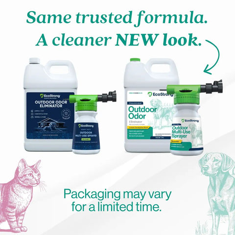 Image showing two bottles of Outdoor Odor Eliminator For Pets Enzyme Cleaner That Tackles Dog Urine On Yards Turf Patios Kennels And Decks With No Harsh Chemicals And Fresh Eucalyptus Scent Gallon With Sprayer Safe On Most Outdoor Surfaces. Packaging may vary.