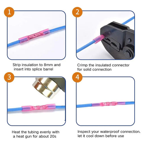 Steps to use Blue Heat Shrink Butt Connectors 200 Pcs For 16 To 14 AWG Wire Waterproof Electrical Crimp Terminal Splices