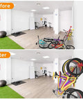 Garage with before and after image showing Six Bike Storage Rack With Five Hooks For Garage Wall Mount Vertical Bicycle Hanger installed.