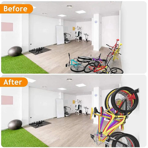 Garage with before and after image showing Six Bike Storage Rack With Five Hooks For Garage Wall Mount Vertical Bicycle Hanger installed.