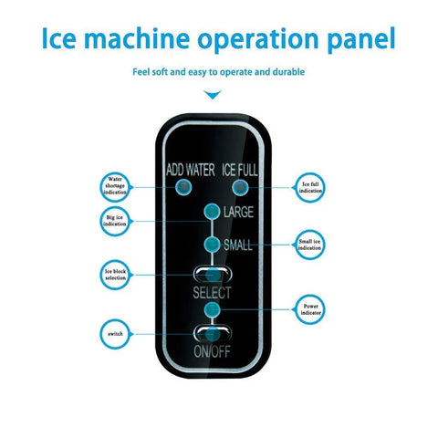 Ice machine operation panel showing controls for add water, ice size selection, and power indicators for Heavy Duty Stainless Steel Ice Maker Churning Out Fifteen Kilograms Rapid Clear Ice For Compact Countertop Setup Straight Up Fast Two Twenty Volt Kitchen Gear That Brings Home Bar Vibes Every Time Without Any Fuss Ever Smooth Operator.
