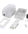 Real Deal Weatherproof Electrical Box Paired With A Beefy 20A Duplex Outlet NEMA 5 20R Surface Mount UL Listed Hang Tough Kit with components.