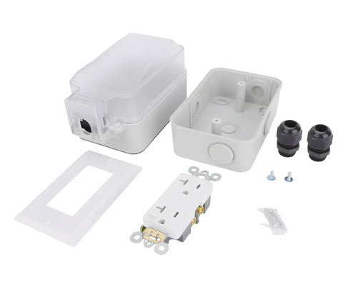 Real Deal Weatherproof Electrical Box Paired With A Beefy 20A Duplex Outlet NEMA 5 20R Surface Mount UL Listed Hang Tough Kit with components.