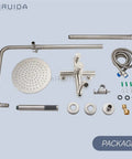 Components of Outdoor Shower System in SUS304 Brushed Nickel, 8 Inch Rainfall Head With Handheld Spray displayed on a surface.
