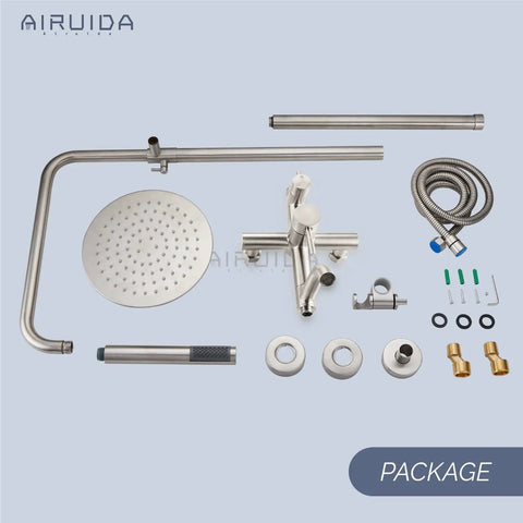 Components of Outdoor Shower System in SUS304 Brushed Nickel, 8 Inch Rainfall Head With Handheld Spray displayed on a surface.