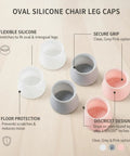 Oval Silicone Chair Leg Caps For Irregular Furniture Legs, Glide Pads in clear, grey, pink colors on wood floor