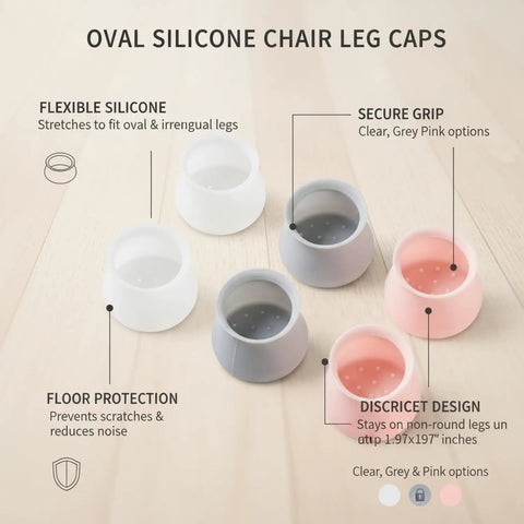 Oval Silicone Chair Leg Caps For Irregular Furniture Legs, Glide Pads in clear, grey, pink colors on wood floor
