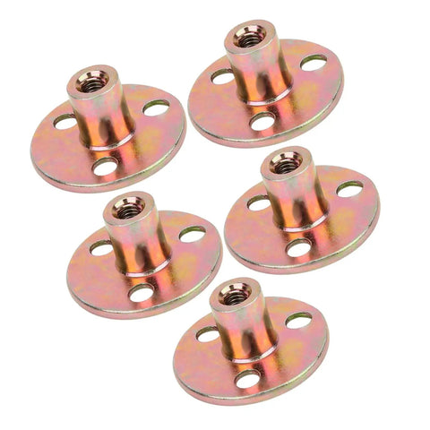 Five Pack Three Hole T Nuts With Round Base Flange Aluminum Alloy Tee Nut for wood furniture fixing, M8 thread, set of five