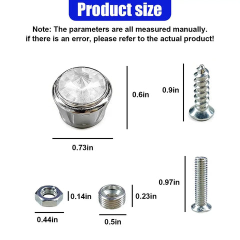 Smooth Shine Sparkling Rhinestone License Plate Screws With Security Anti Theft Caps sizes showing bolt nuts and rhinestone detail