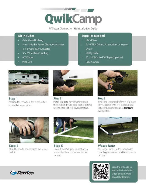 Installation guide for RV Sewer Connection Kit with slip fit coupling adapter for 3-inch PVC pipe in camper setup.