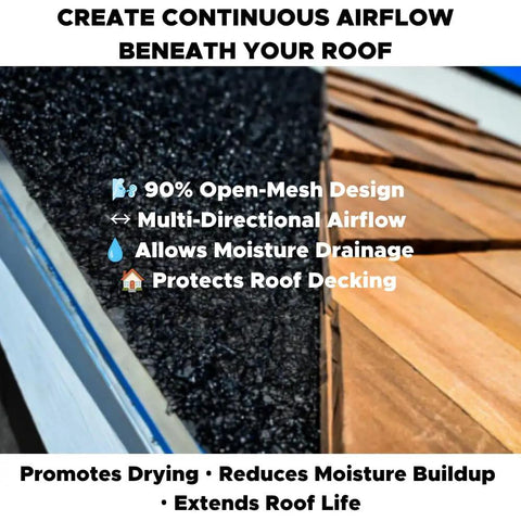 Top Shelf Roof Ventilation Mat Thirty Nine By Sixty One Point Five Feet Creates Wide Air Gap To Dial Down Heat And Save Membranes Ultra Light Flexible Sheet molds to roof for moisture drainage.