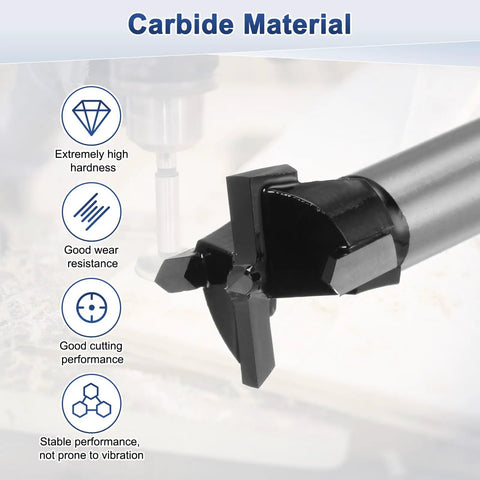 Close-up of Heavy Duty 2 Pack Forstner Drill Bits Featuring Rock Solid Carbide Tips for clean drilling in wood.