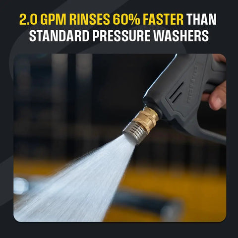 Close-up of Electric Pressure Washer 2.0 GPM Full Kit With 1800 Peak PSI spraying water from nozzle