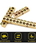 Top Shelf One Pack Golden Wire Screw Connector Terminal Block With Snug Six By Nine Crimp Holes For Heavy Duty Electrical Wiring And No Fuss Quick Connect Installations, showing three connectors with crimp holes.