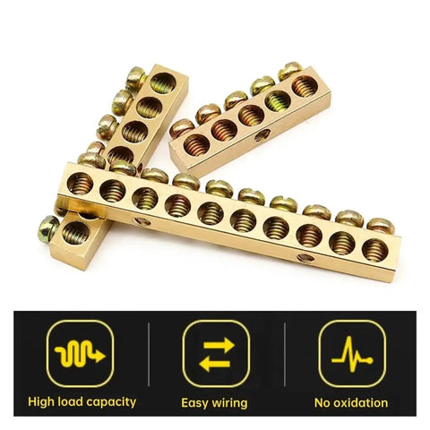 Top Shelf One Pack Golden Wire Screw Connector Terminal Block With Snug Six By Nine Crimp Holes For Heavy Duty Electrical Wiring And No Fuss Quick Connect Installations, showing three connectors with crimp holes.