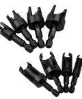 Flat Out Excellent Wood Plug Cutter Drill Bits Set With Quarter Inch Hex Shank, eight black steel bits with tapered designs for woodworking.