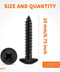 100 Pack No 6 By Three Quarter Inch Stainless Steel Wood Screws With Truss Head And Phillips Drive Black Coated Full Thread 18 8 A2 Multipurpose Fasteners, side and top view showing dimensions.