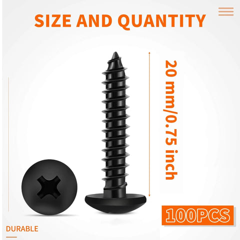 100 Pack No 6 By Three Quarter Inch Stainless Steel Wood Screws With Truss Head And Phillips Drive Black Coated Full Thread 18 8 A2 Multipurpose Fasteners, side and top view showing dimensions.