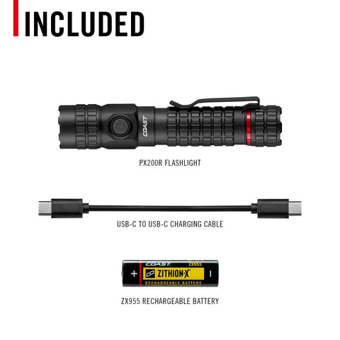 PX200R 2000 Lumen Rechargeable LED Flashlight With Twist Focus USB C Two Position Pocket Clip MoonGlow Mode 5000mAh Battery included items