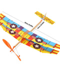 Two Pack Rubber Band Powered Balsa Wood Airplane Glider Kit For Outdoor Fun with colorful wings and measurements shown