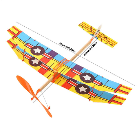 Two Pack Rubber Band Powered Balsa Wood Airplane Glider Kit For Outdoor Fun with colorful wings and measurements shown