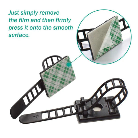 Close-up of 200 Piece Adhesive Nylon Cable Ties And Cord Clips Desk Wire Management Kit with peel-off sticker.