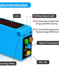 Close-up of blue Photoelectric Sensor Switch PNP NO NC DC 10 30V With 80cm Infrared Reflective Beam for garage parking use.
