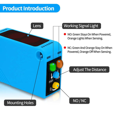 Close-up of blue Photoelectric Sensor Switch PNP NO NC DC 10 30V With 80cm Infrared Reflective Beam for garage parking use.