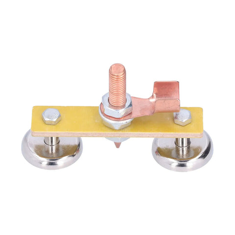 Ultra Strong Magnetic Welding Support Clip With Double Heads And Heavy Duty Suction That Holds Up To 3kg Per Side mounted on a yellow base.