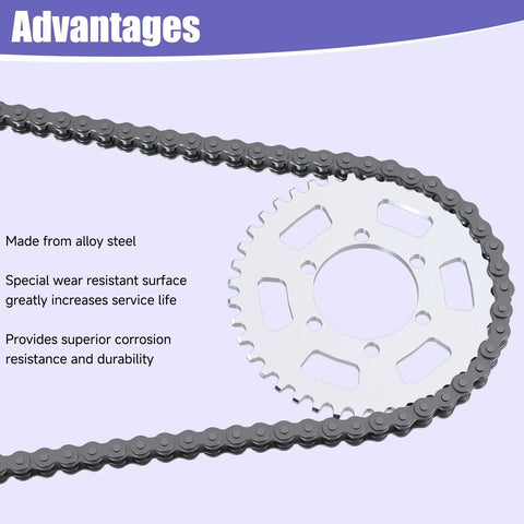 35 Roller Chain Kit With 95 Links And Chain Breaker showing alloy steel chain and sprocket for go-karts, mini bikes, dirt bikes.