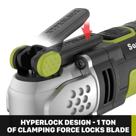 Close-up of F50 Sonicrafter Oscillating Multi Tool With 4.0 Amp Motor, featuring Hyperlock tool free blade change.
