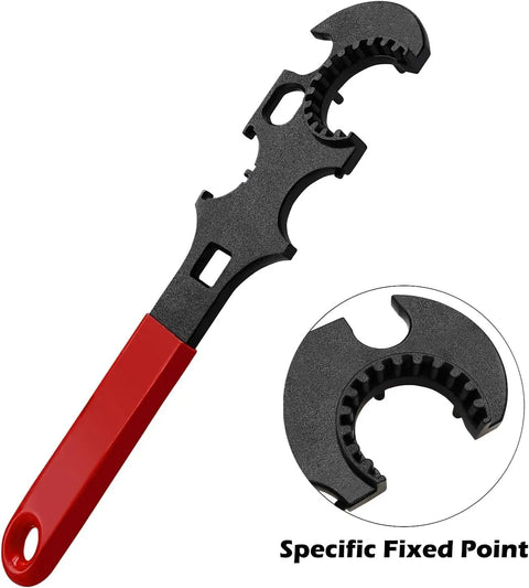 Armorers Wrench With Non Slip Rubberized Grips, Corrosion Resistant And Built For Precision, Dual Half Inch Drive Ports For Torque Wrenches, Positive Engagement On Notched Grooves And Slotted Nuts, Ideal For Automotive, Plumbing, And Home Repairs.