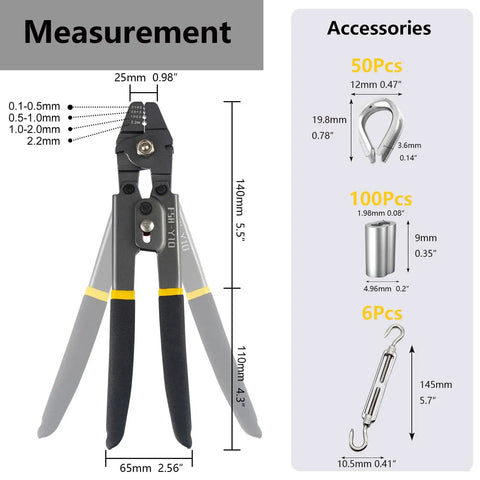 All In One Wire Rope Crimping Tool Kit With One Sixteenth Inch Cable And M6 Turnbuckle Set dimensions and accessories