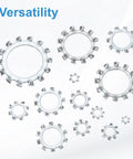 Fifty Piece One Quarter External Tooth Lock Washer Set In 304 Stainless Steel With Multi Tooth Star Design in various sizes displayed