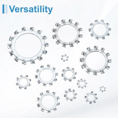 Fifty Piece One Quarter External Tooth Lock Washer Set In 304 Stainless Steel With Multi Tooth Star Design in various sizes displayed