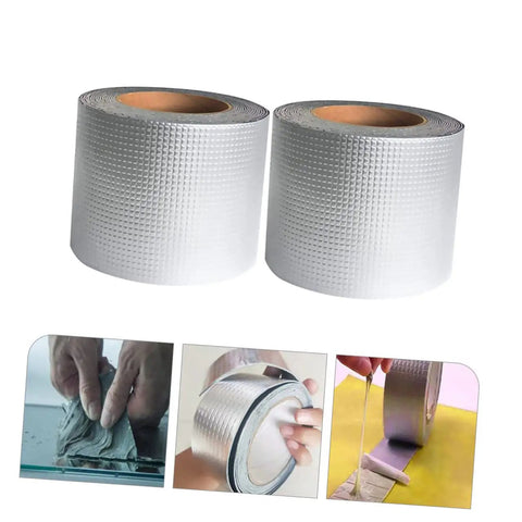 Two Rolls Butyl Repair Tape Sealant For Roof Leaks, Pipe Cracks, And Outdoor Surfaces, Quick Fix Waterproof Tape shown alongside usage examples