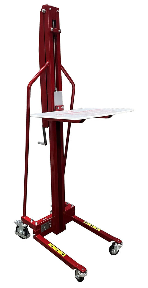 Easy Roll Manual Winch Stacker Work Positioner Lift Truck with heavy-duty steel frame and poly casters, elevates loads up to 59 inches.