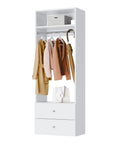 Built In White Shaker Hanging Tower Closet Organizer With Two Deep Drawers And Reinforced Shelf For Crisp Shirts And Suits Heavy Duty Wood Rack, showing coats organized on hangers.