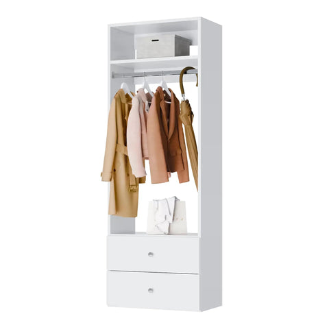 Built In White Shaker Hanging Tower Closet Organizer With Two Deep Drawers And Reinforced Shelf For Crisp Shirts And Suits Heavy Duty Wood Rack, showing coats organized on hangers.