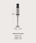 Heavy Duty Stainless Steel Immersion Blender With Kickass 600 Watt Motor And Turbo Switch showing measurements and specifications.