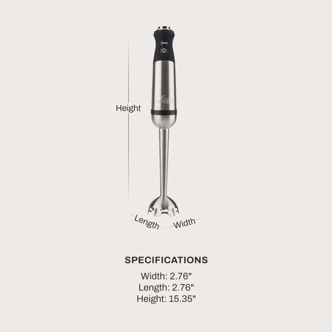 Heavy Duty Stainless Steel Immersion Blender With Kickass 600 Watt Motor And Turbo Switch showing measurements and specifications.