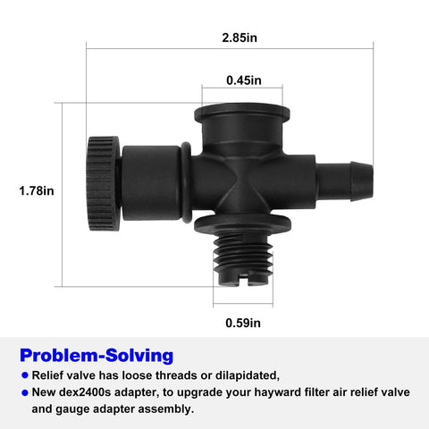 DEX2400S air relief valve adapter, black plastic with knurled adjustment knob and bottom threaded inlet (front view).