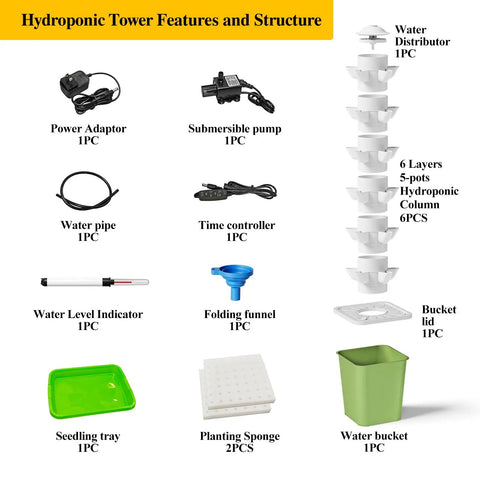 Components of Hydroponics Growing System Kit With 30 Pot Vertical Garden Tower Pump And Timer for indoor use and gardening lovers.
