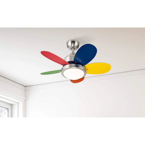 Dope Roundabout 30 Inch Indoor Ceiling Fan With Light Kit, Dimmable 16W LED, brushed nickel, multicolor blades, mounted on ceiling